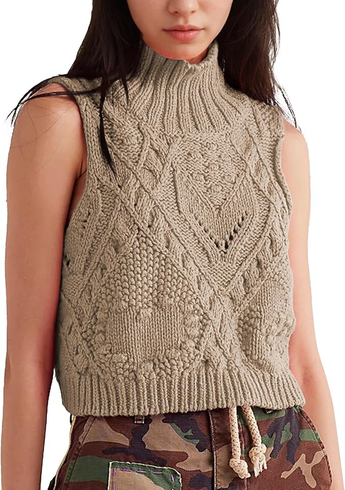 Hixiaohe Turtleneck Crochet Sweater Vest Fall Fashion Knit Sleeveless Tank Tops for Women Lightwe... | Amazon (US)