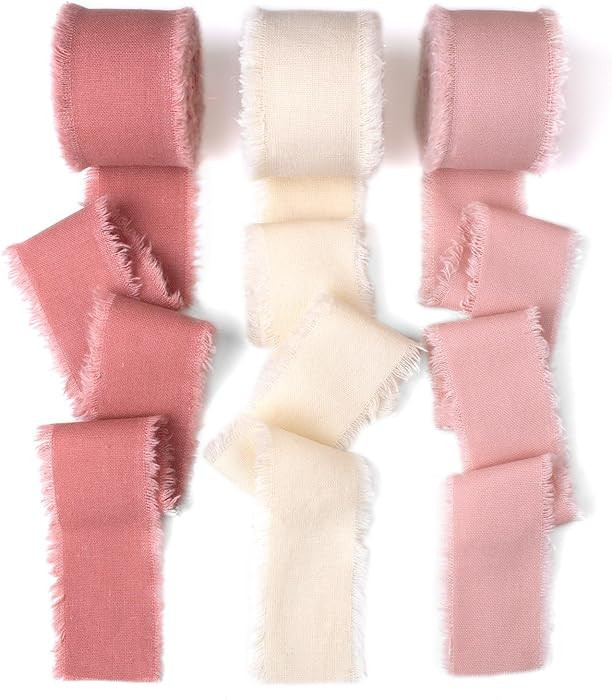 Coral Rose Pink & Ivory Cotton Linen Ribbon 1.5" x 21Yds Boho Vintage Rustic Ribbon Handmade Frin... | Amazon (US)