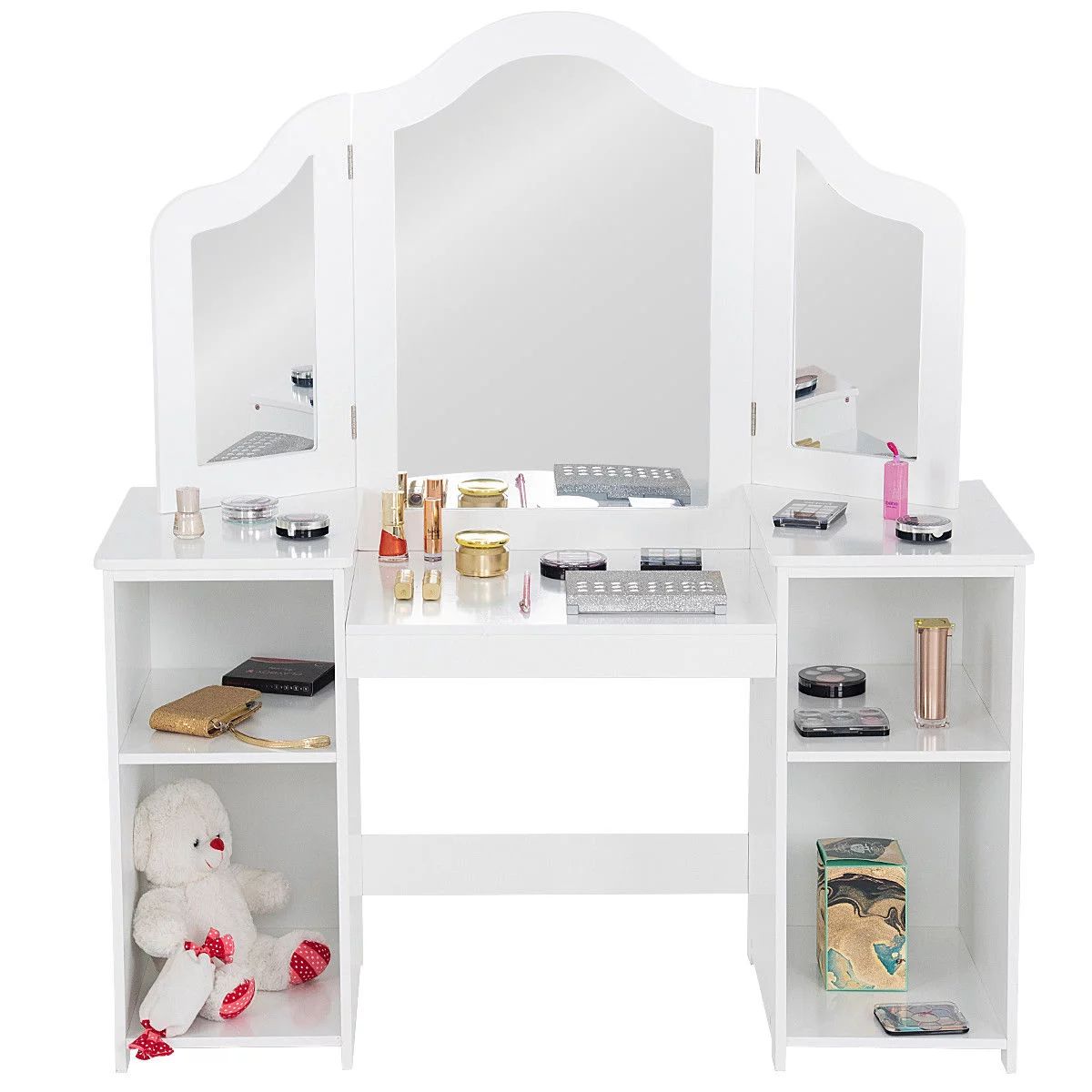 Costway Vanity Table Set Makeup Dressing Kids Girls Study Table Tri Folding Mirror | Walmart (US)