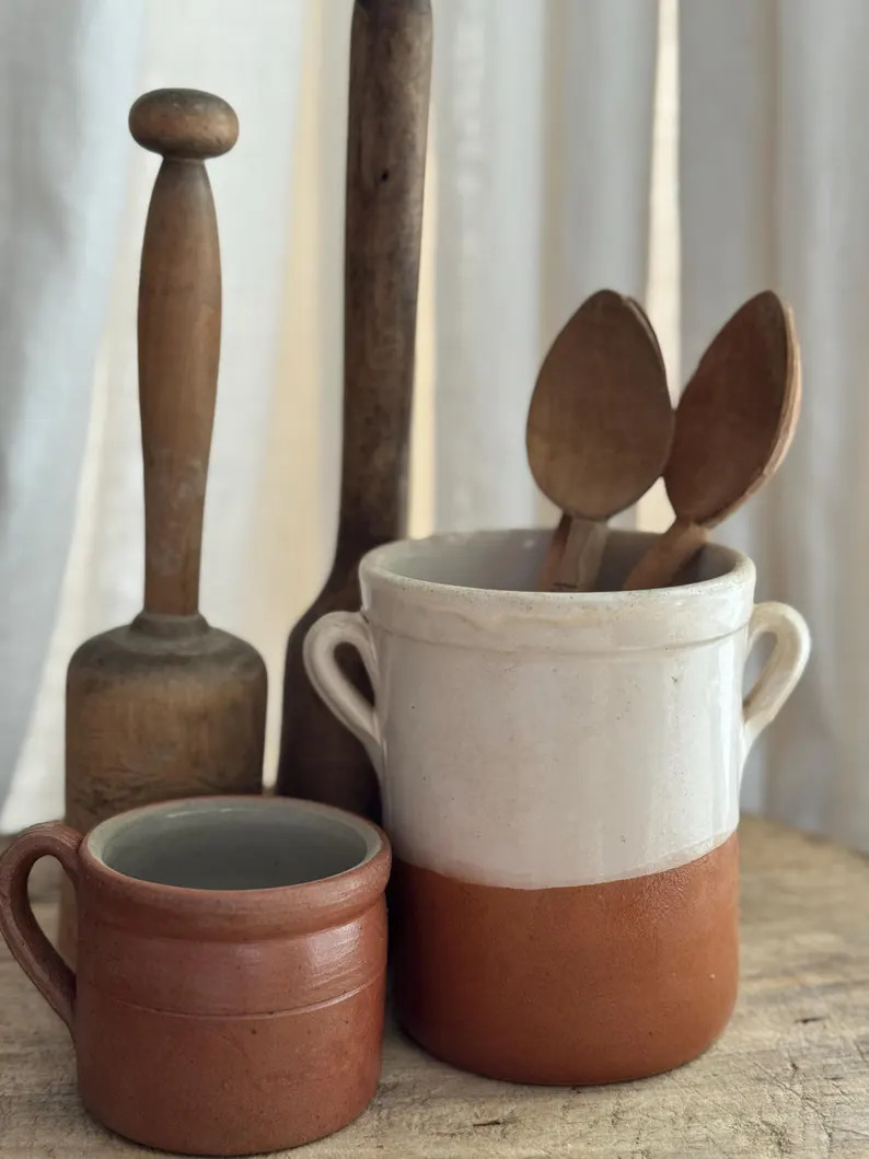French Two-handled Confit or Sardine Pot Vintage Bi-color Stoneware Jar, Terracotta and Cream Gla... | Etsy (US)