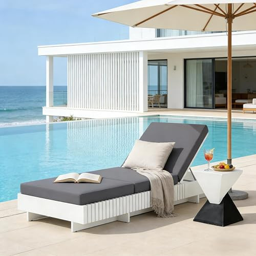 White Acacia Solid Wood Outdoor Chaise Lounge with Dark Grey 3-Fold Water-Repellent Cushion, 400lbs Capacity, Modern Patio Sun Lounger for Garden, Poolside | Amazon (US)