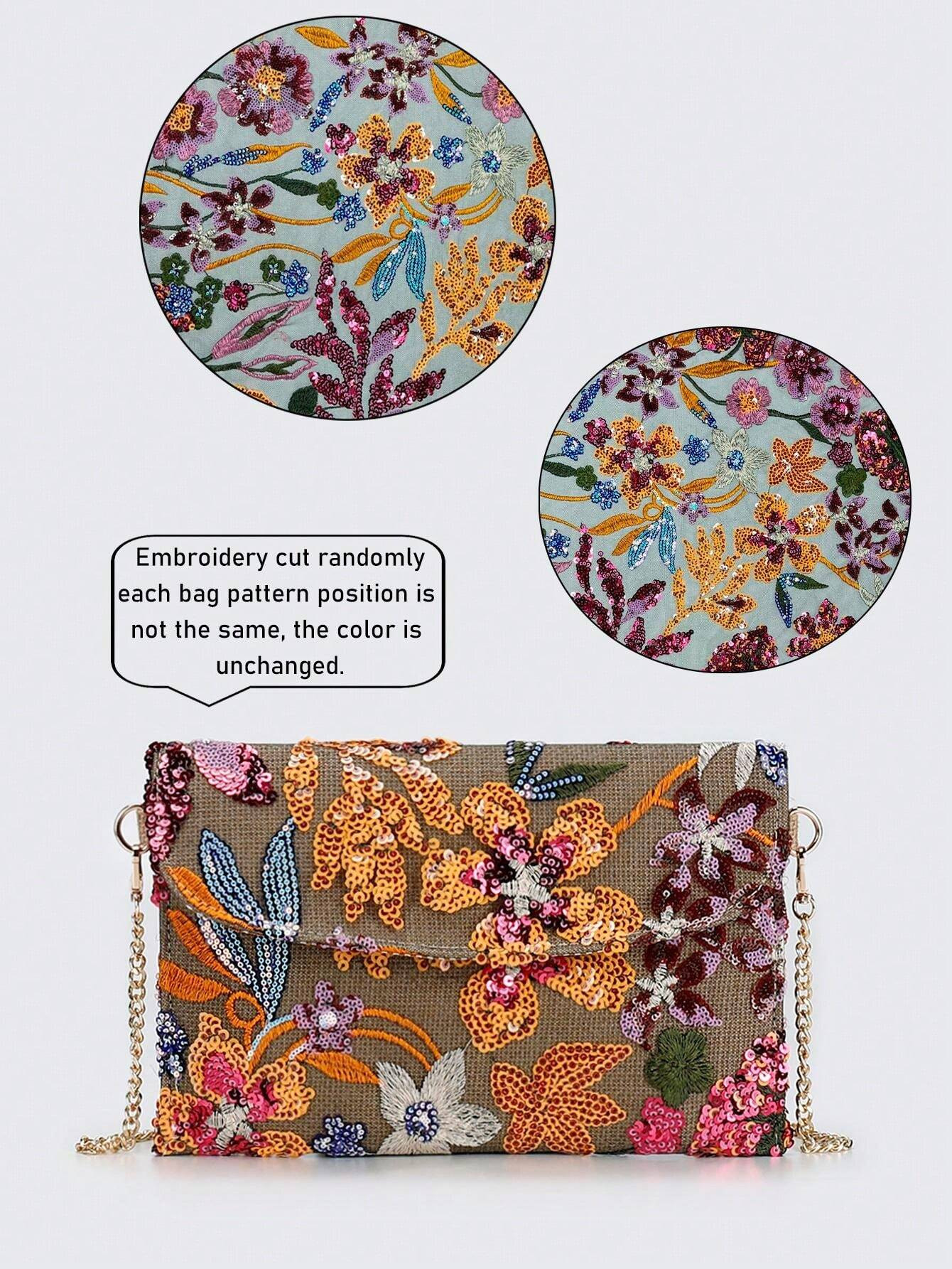 Sequin Embroidery Floral Chain Bag, Women's Fashion Color Contrast Patchwork Clamshell Crossbody ... | SHEIN