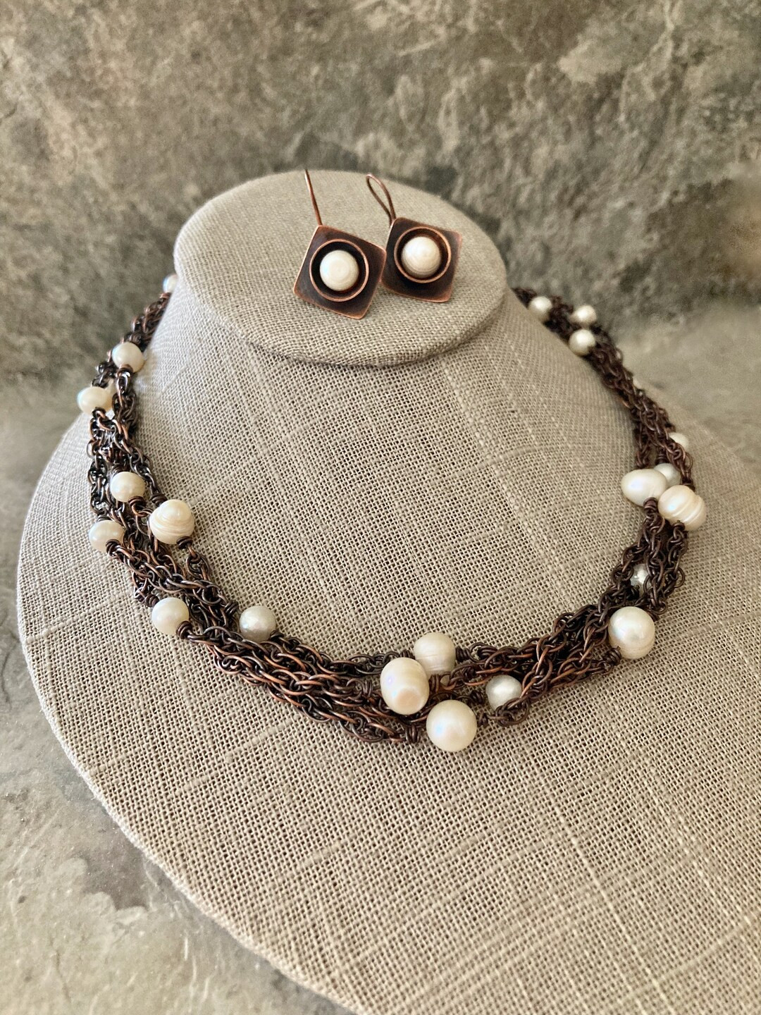 Handmade Rustic Pearl Necklace and Copper Earrings Set - Etsy | Etsy (US)