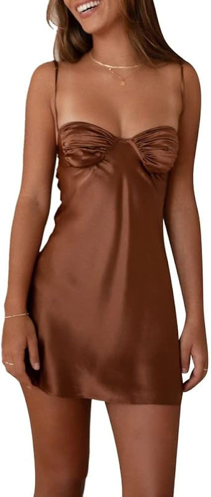 Women Casual Satin Mini Dress Spaghetti Strap Low Cut A Line Short Dress Strappy Backless Cami Si... | Amazon (US)