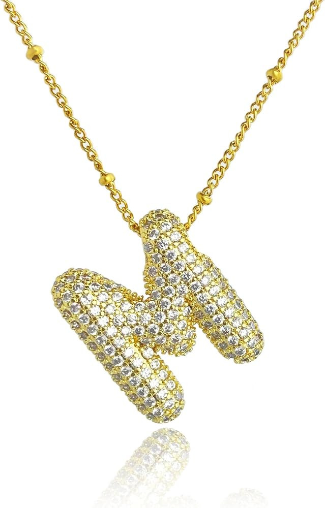 Gowplainet Bubble Letter Necklace Gold | 18K Gold Plated Jewelry | Initial Necklaces For Women | ... | Amazon (US)