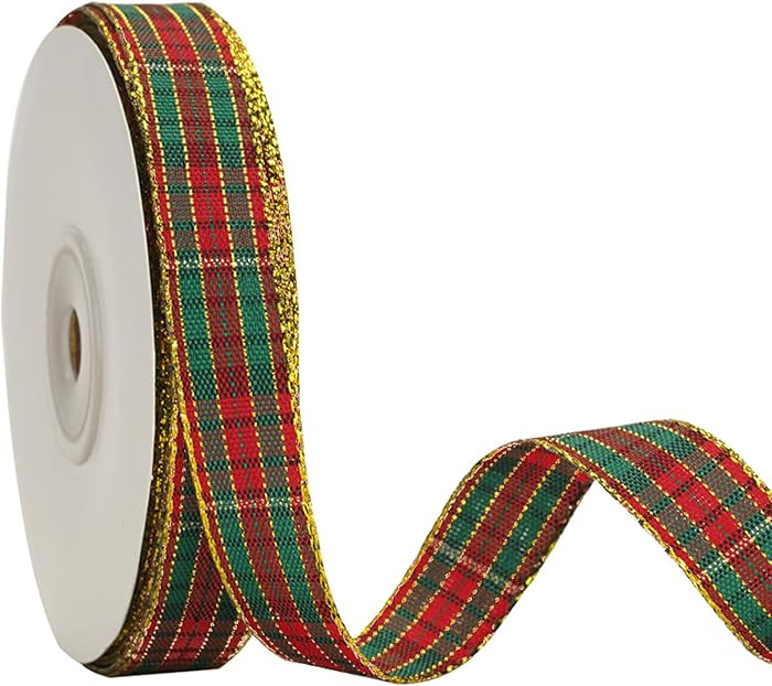 KINGLAKE Christmas Ribbon 5/8" Red and Green Plaid Checkered Ribbon 25 Yard Tartan Gold Thread Wo... | Amazon (US)