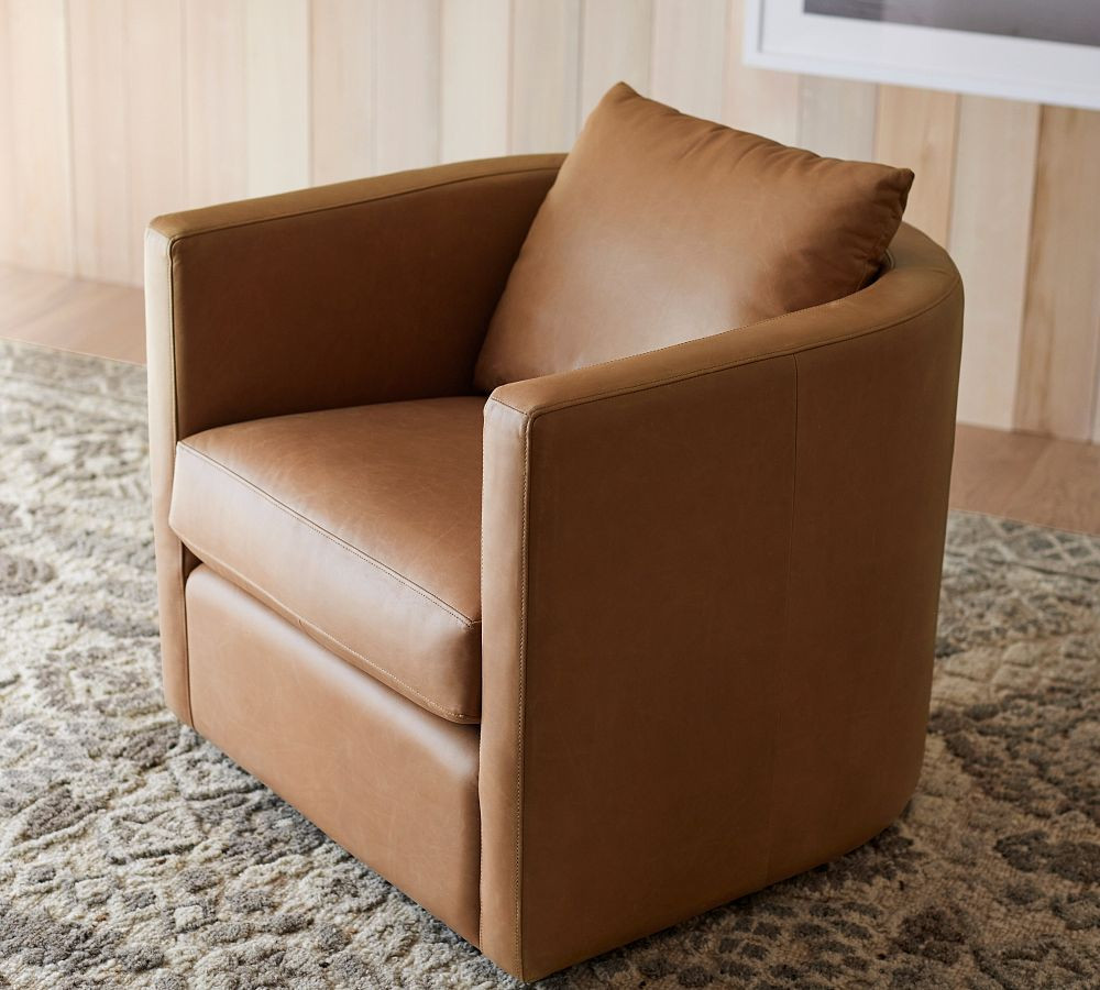 Ayden Barrel Back Leather Swivel Armchair | Pottery Barn (US)