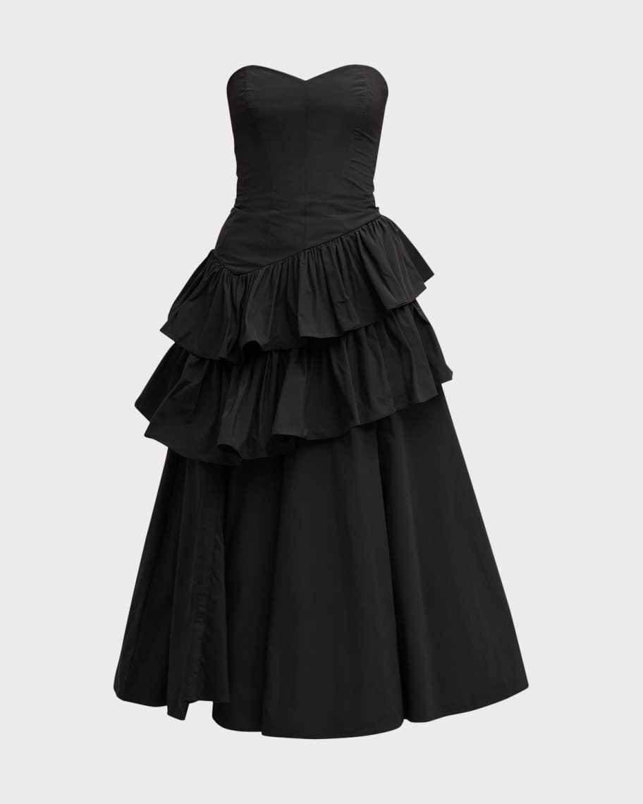 Marchesa Notte Strapless Ruffle Taffeta Midi Dress | Neiman Marcus