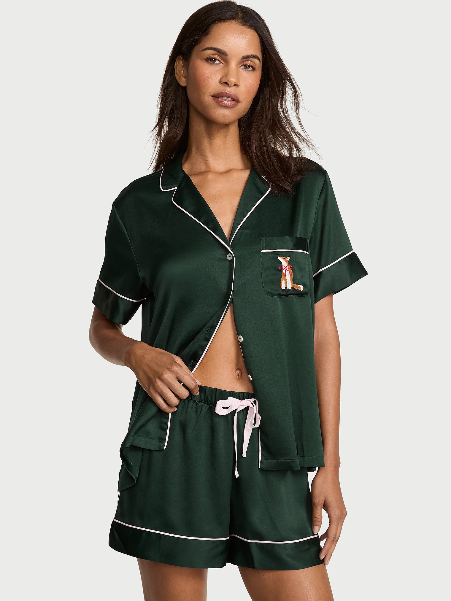 Buy Glazed Satin Short Pajama Set, Cliantro W  Fox Pocket Embroidery - Order Pajamas Sets online ... | Victoria's Secret (US / CA )