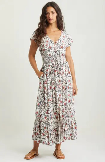 Treasure & Bond Print Smocked Waist Ruffle Hem Maxi Dress in Navy- Blue Elise Floral at Nordstrom... | Nordstrom