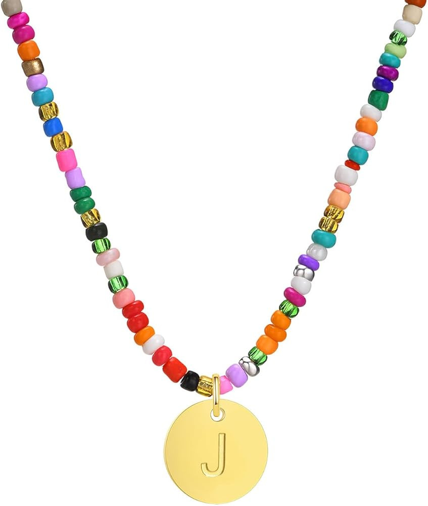 MPRAINBOW Colorful Beaded Initial Necklaces - Handmade Layered Gold Choker Summer Boho Letter Nec... | Amazon (US)
