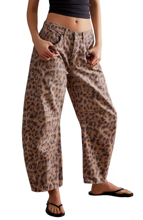Free People Leopard Print Barrel Leg Jeans in Brown Sugar Combo at Nordstrom, Size 26 | Nordstrom