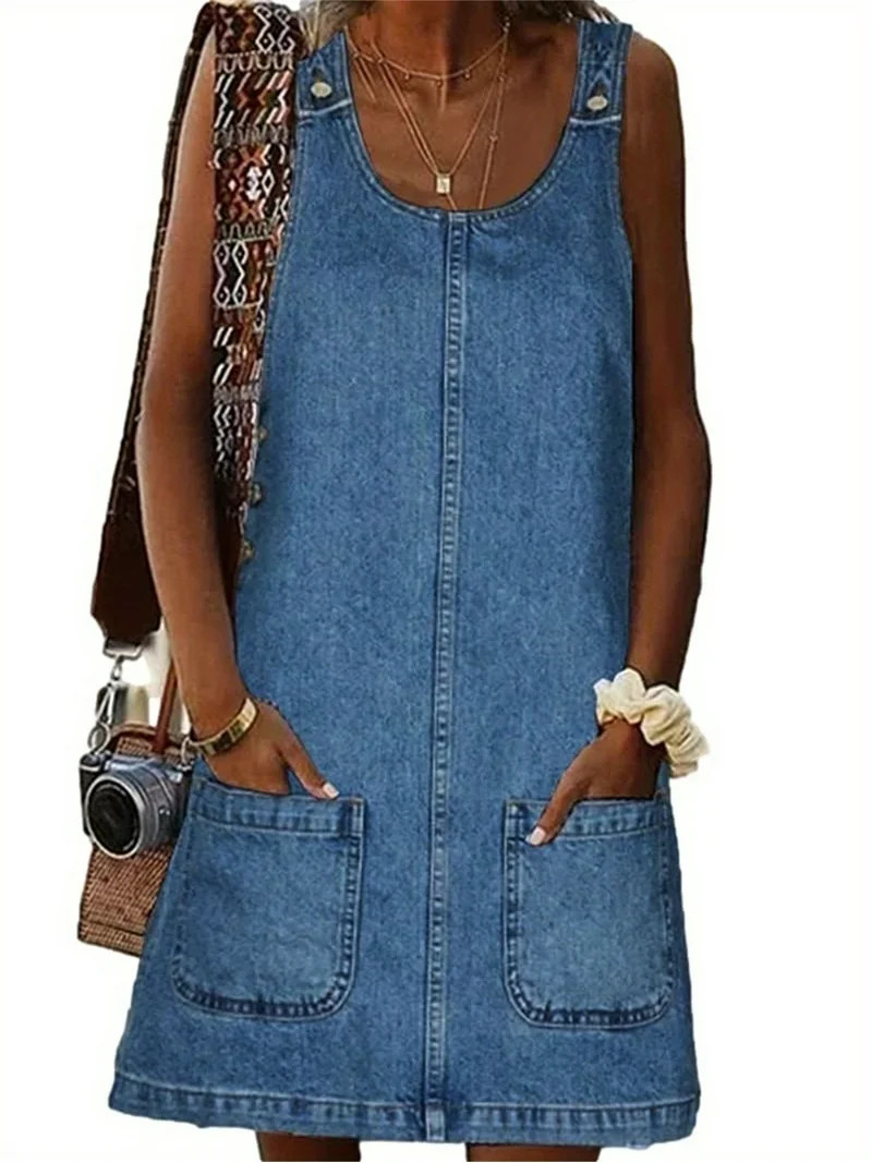 Women's Sleeveless Casual Denim Dress Crewneck Vintage Overall Mini Dress with Pockets | Walmart (US)