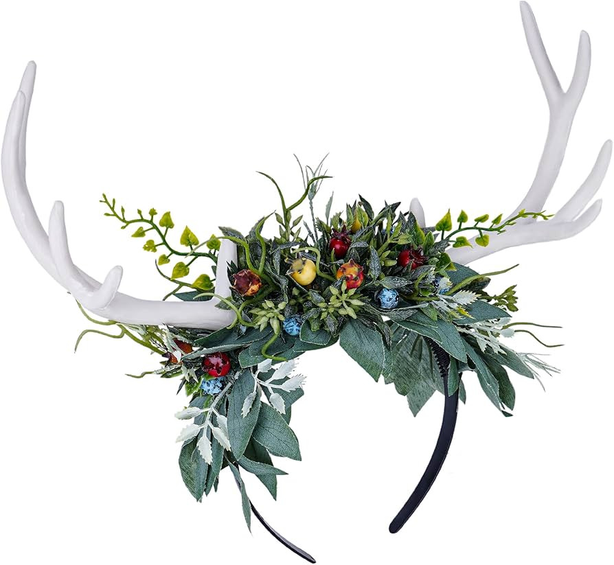 MOSTORY Handmade White Antler Headband with Green Leaves - Woodland Deer Horns Hairband Forest Re... | Amazon (US)