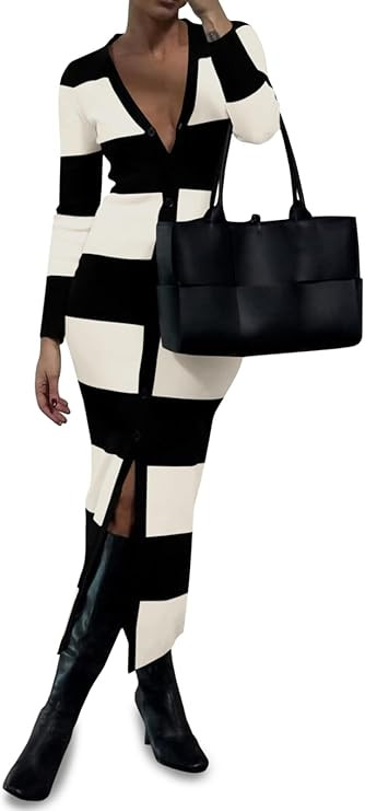 Saodimallsu Womens Striped Sweater Dress Button V Neck Long Sleeve Knit Fall Trendy Bodycon Midi ... | Amazon (US)