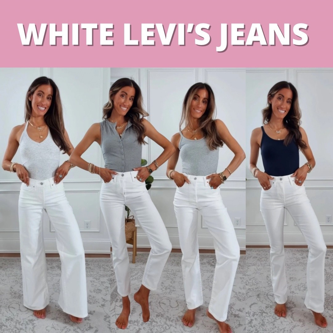 White Levi’s Jeans - wearing a size 25 in each. 

#LTKmomlife #LTKgrwm #LTKootd