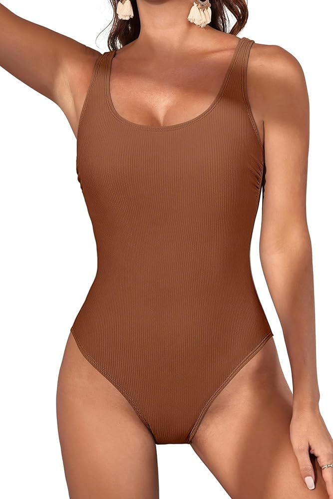 Eomenie Womens One Piece Swimsuits Ribbed Tummy Control Bathing Suit Scoop Neck Low Back Swimwear | Amazon (US)
