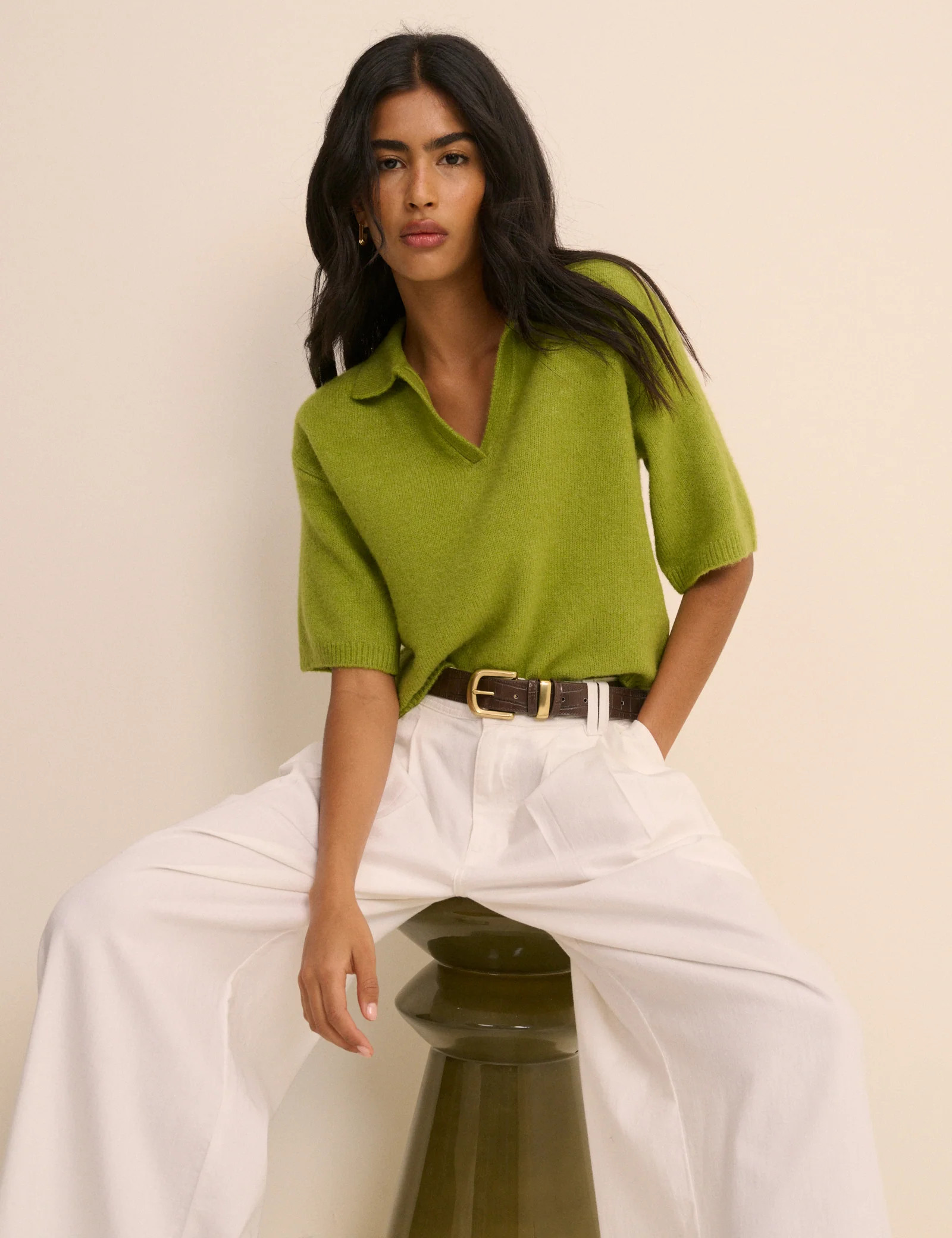Green Open Collar Polo Knitted Top | Nobody's Child