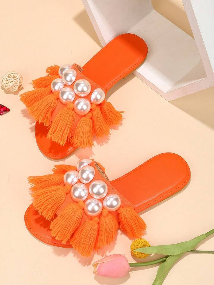 Fashionable Pearl & Decor Flat Sandals With Transparent Sole | SHEIN