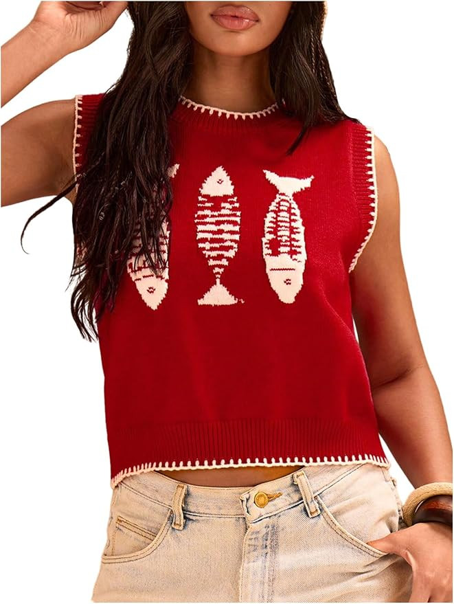Verdusa Women's Lobster Crochet Tank Tops Sweater Vest Sleeveless Knit Tops Funny Shirts | Amazon (US)