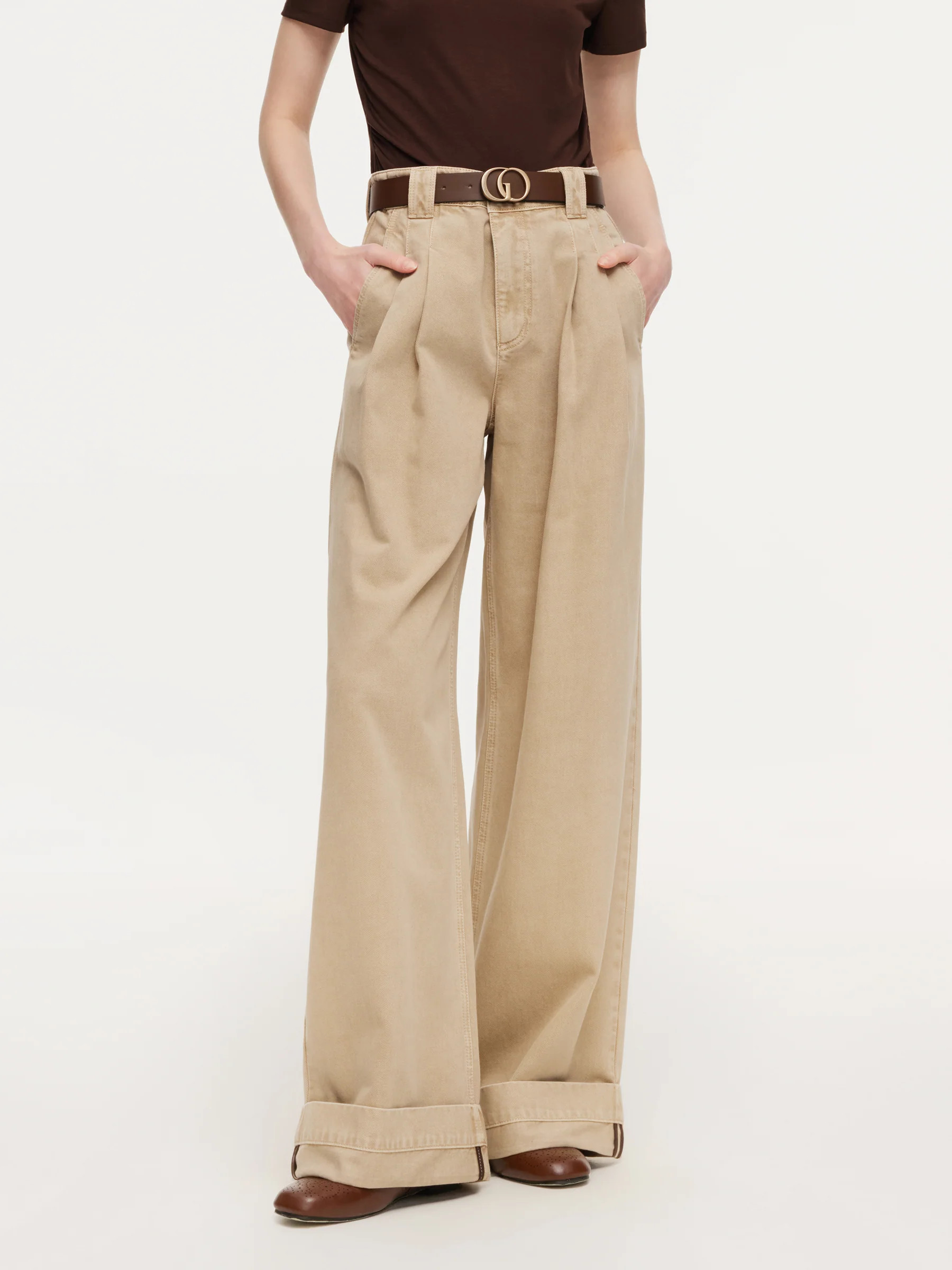 Cotton Denim Straight Wide Leg Women Folded Jeans With Belt | GOELIA