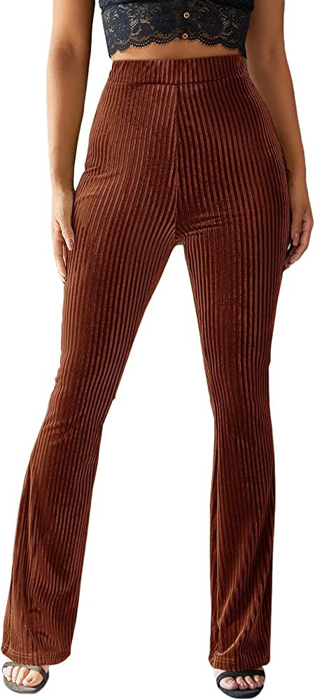 Floerns Women's Velvet Elastic Waist Flare Leg Palazzo Long Pants Trousers | Amazon (US)