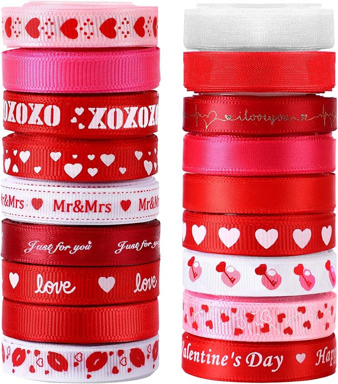SANNIX 18 Rolls 90 Yards Valentine’s Day Ribbons Printed Grosgrain Satin Ribbons 3/8″ Wide DI... | Amazon (US)