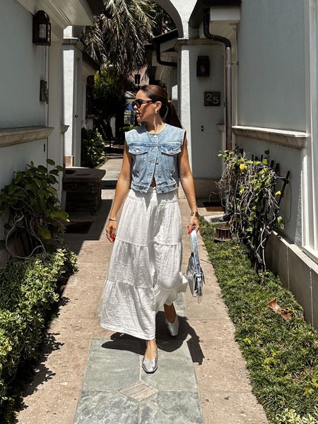 The perfect denim vest! Easy to wear as a top or over any tee. Maxi skirt and metallic ballet flats and bag. 

Summer outfit, casual style. 

#LTKShoeCrush #LTKItBag #LTKSeasonal