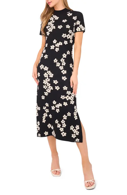 CeCe Flower Jacquard Midi Sweater Dress in Rich Black at Nordstrom, Size Large | Nordstrom
