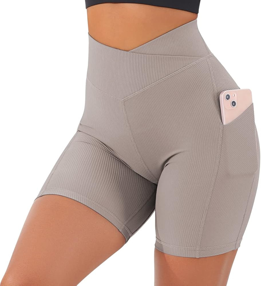 OMKAGI Women Cross Waist Workout Shorts with Pocket 5" Booty High Waisted Shorts | Amazon (US)