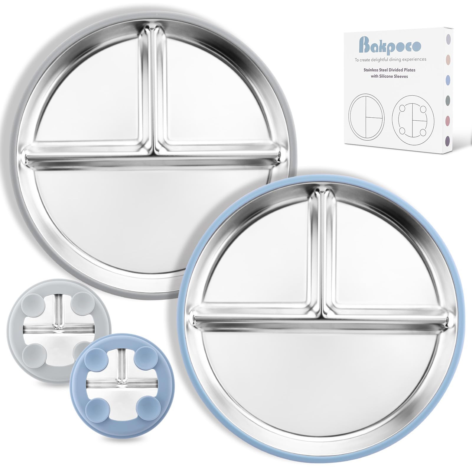 Stainless Steel Toddler Plate with Suction, 9” Divided Plates with Removable Silicone Sleeves for Kids, Non Toxic & BPA Free | Non Slip | Unbreakable Baby Snack Dishes Set of 2, Blue & Gray | Amazon (US)