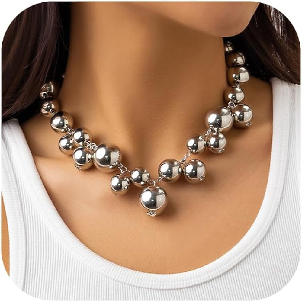 Chunky Pearl Necklace Big Pearl Necklace Exaggerated Pearl Statement Necklace Silver Chain Statem... | Amazon (US)