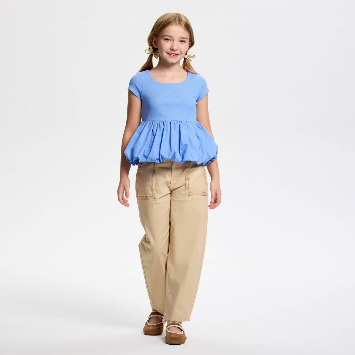 Owillo® Girls' Short Sleeve Knit Bubble Hem Top - Blue | Target