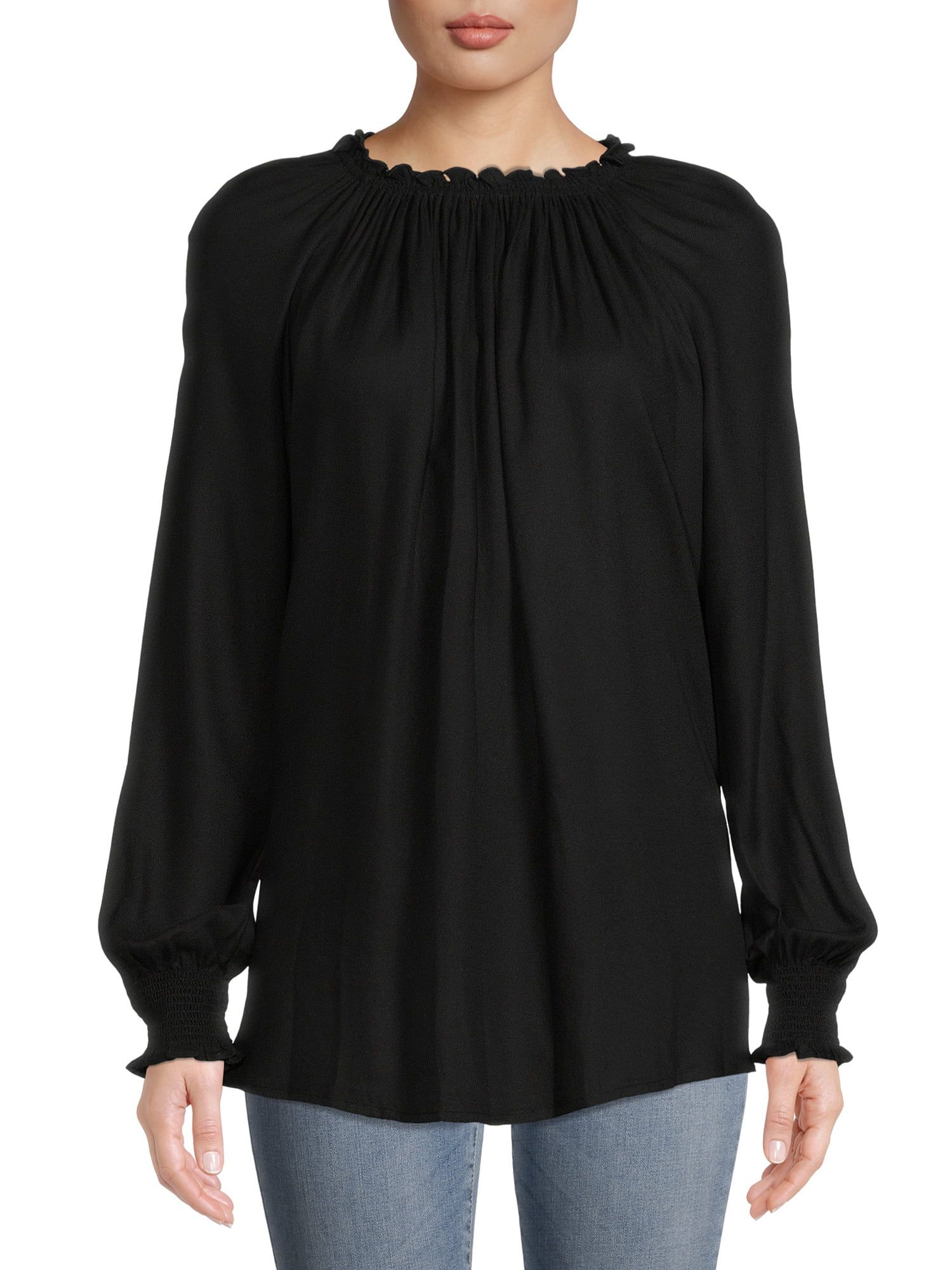 Time and Tru Women's Long Sleeve Elastic Collar Blouse - Walmart.com | Walmart (US)