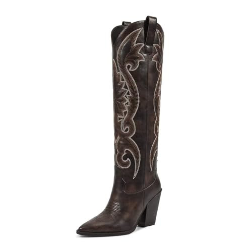 ISNOM Cowboy Boots for Women Dark Brown Cowgirl Western Knee High Boots Pointed Toe Tall Boot | Amazon (US)