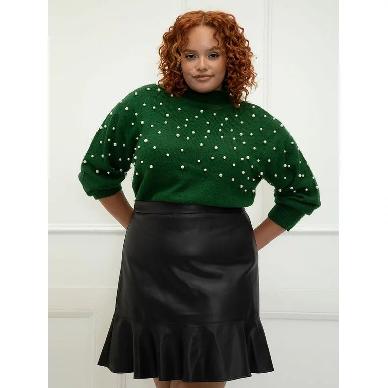 ELOQUII Elements Women's Plus Size Pearl Embellished Sweater - Walmart.com | Walmart (US)