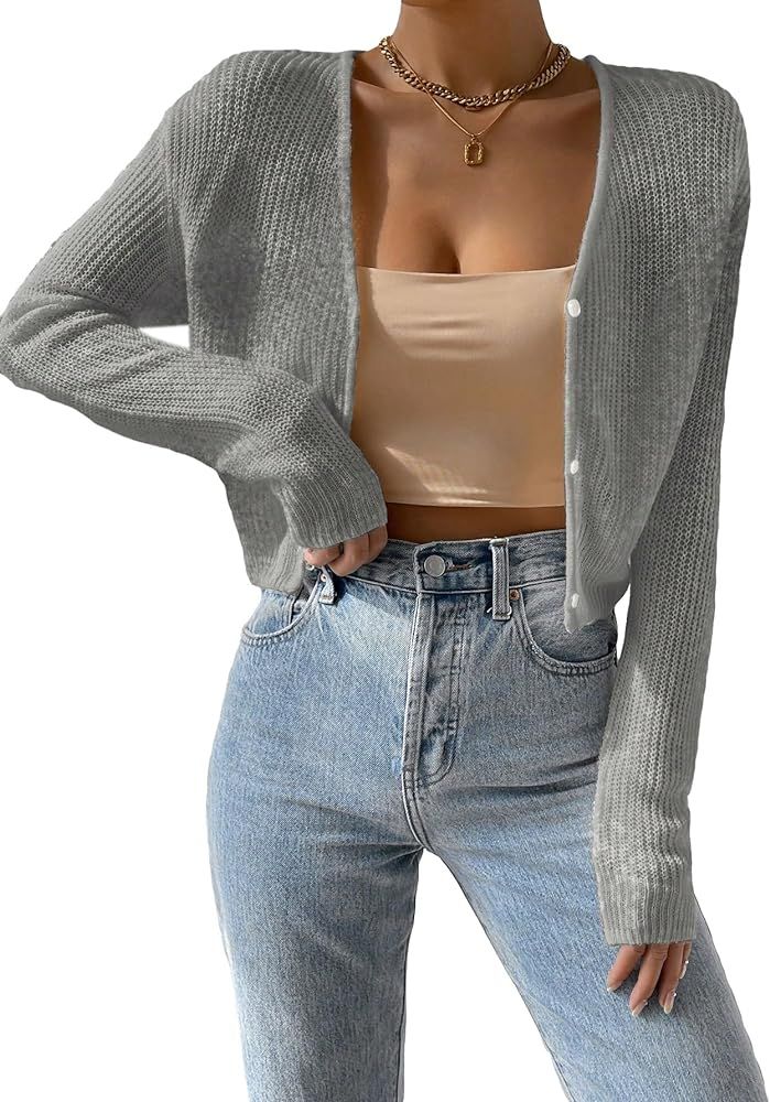 Verdusa Women's Drop Shoulder Long Sleeve Button Up Knit Cardigan Sweater | Amazon (US)