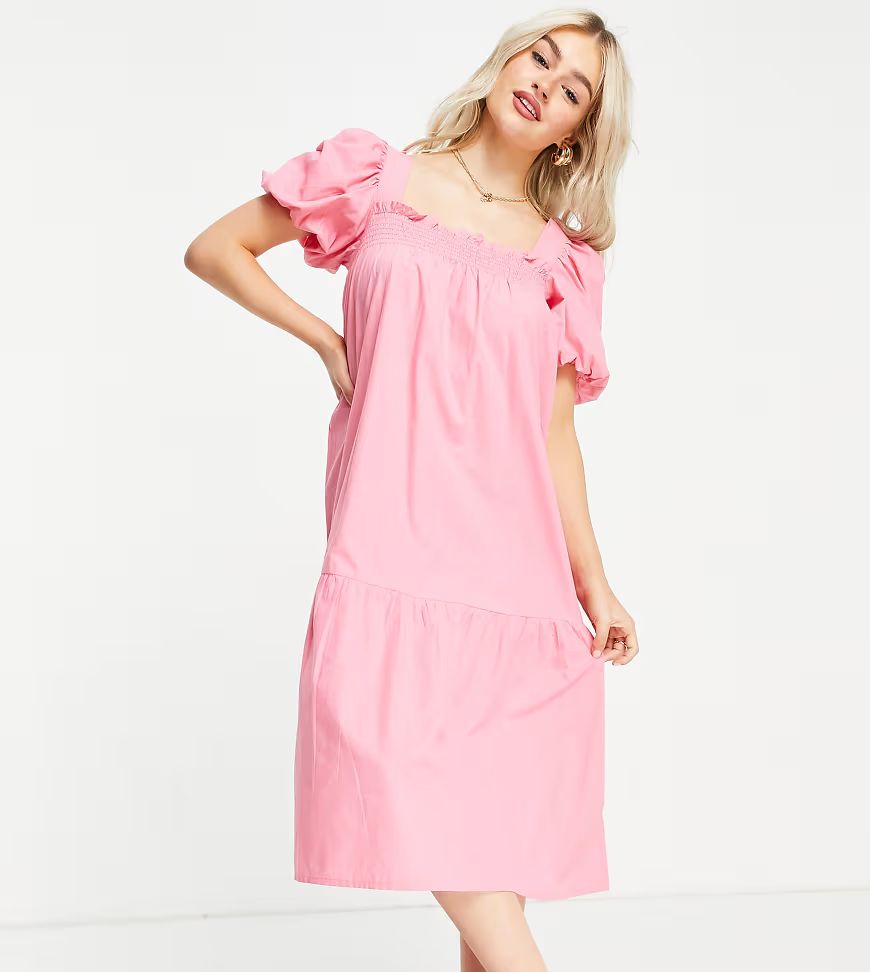 Influence Petite puff sleeve cotton poplin midi dress in bright pink | ASOS (Global)