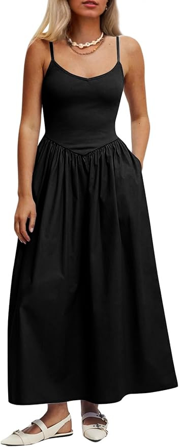 Mieazom Women’s Sleeveless V-Neck Maxi Dress with Pockets – Slim Fit Casual Summer Spaghetti ... | Amazon (US)