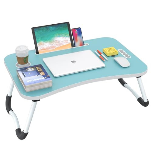 BUYIFY Folding Lap Desk, 23.6 Inch Portable Wood Blue Laptop Bed Desk Lap Desk with Cup Holder, for Working Reading Writing, Eating, Watching Movies for Bed Sofa Couch Floor | Amazon (US)