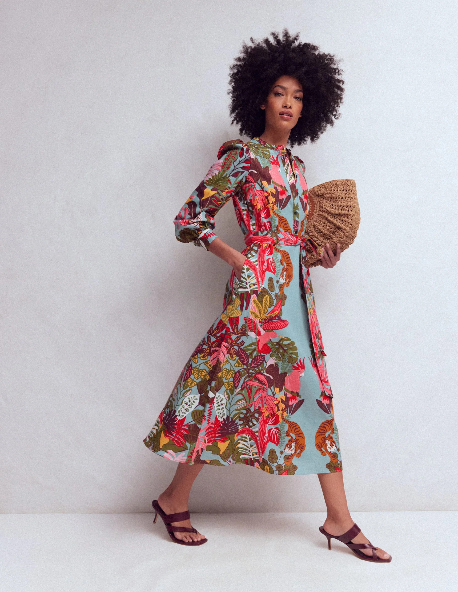 Ava Linen Blend Midi Dress-Blue Tropical Safari Placement | Boden (US)