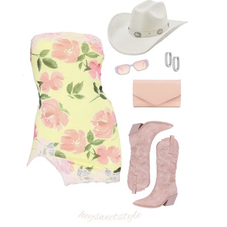 Strapless floral dress with lace trim, baby pink cowgirl boots, + white felt cowboy hat 🤍✨🩷🌾

#LTKunder100 #LTKunder50 #LTKFind