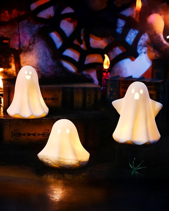 Ceramic Ghosts Small White Ghost Figurine, 3PCS Light Up Ghost Decor, Small LED Ghost Halloween D... | Amazon (US)