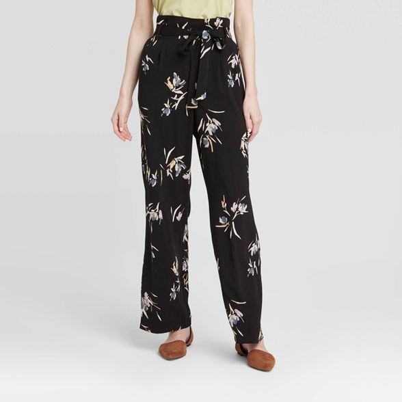 Women's Floral Print High-Rise Ankle Length Paperbag Pants - A New Day™ Black | Target