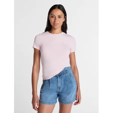 Time and Tru Women s Slim Fit Crewneck Tee with Short Sleeves Sizes XS-XXXL | Walmart (US)
