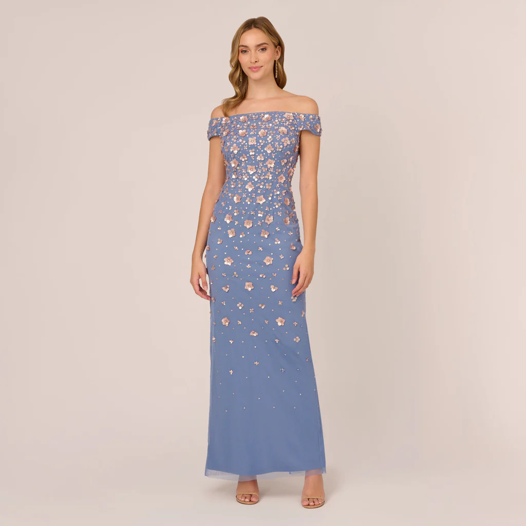 Off Shoulder Dress With Floral Embellishment In French Blue Coral | Adrianna Papell