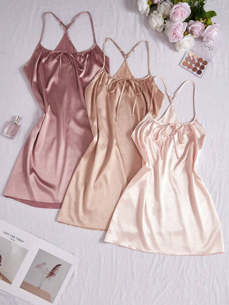 SHEIN SilkySpell 3pcs/Set Pleated Front Tie Strap Solid Color Faux Silk Nightgown | SHEIN