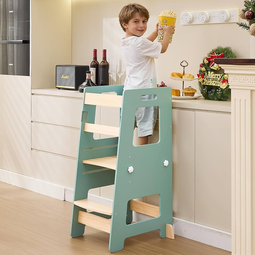 WOOD CITY Kitchen Step Stool - Safe Montessori Standing Tower for Kids with Safety Rail, Height A... | Amazon (US)