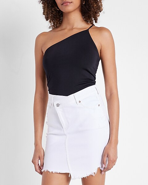 Conscious Edit Super High Waisted Crossover Waistband White Denim Mini Skirt | Express