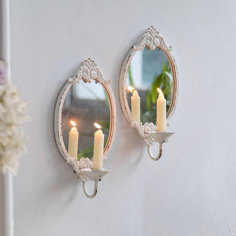 SOFE Rustic White Mirrored Wall Candle Sconces Set of Two, Metal Vintage Wall Candle Holder, Hand... | Amazon (US)